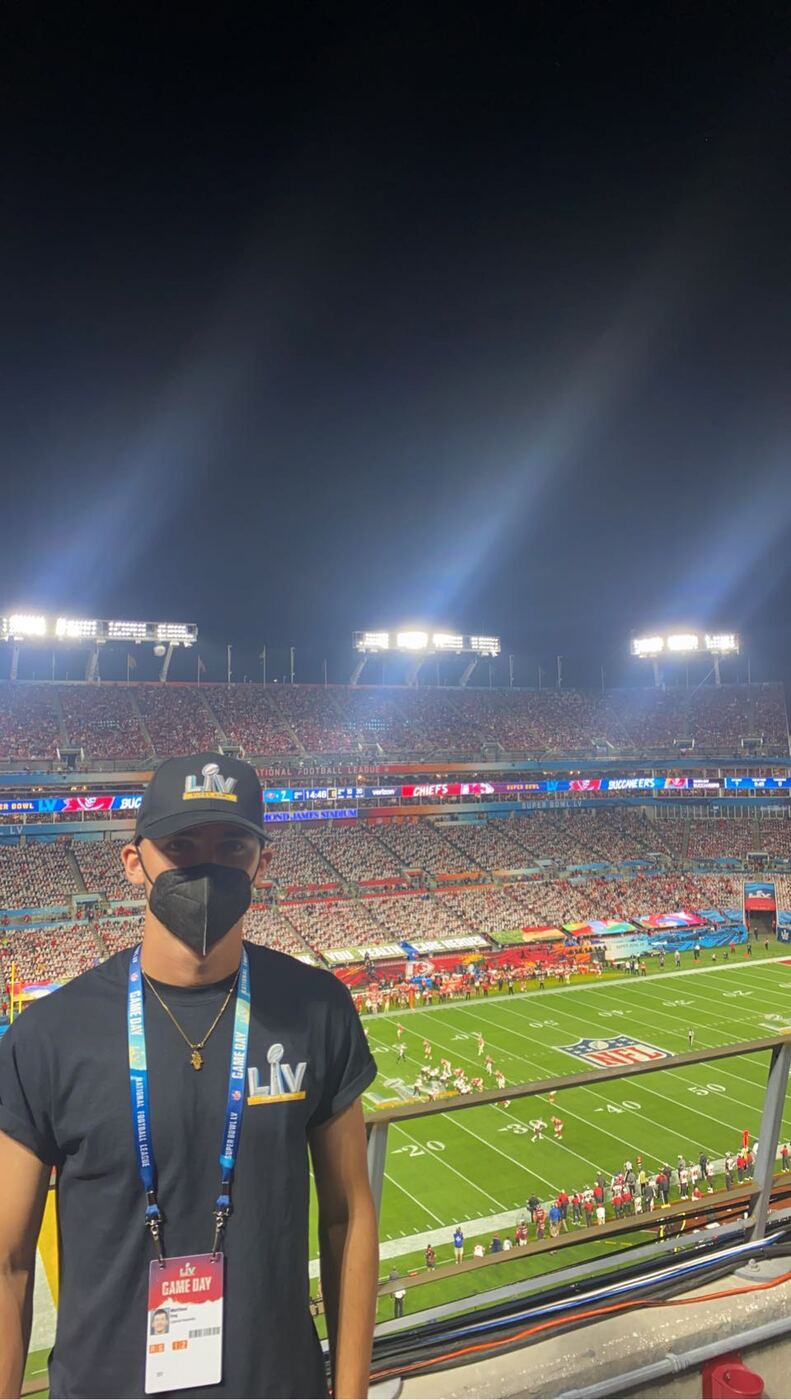 Matt at Super Bowl LV, in the stands above the field